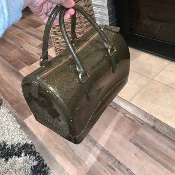 Gold Glitter Sparkle Y2K Jelly Cosmetic Bag Top Handle Style Purse Bag - Picture 6 of 7